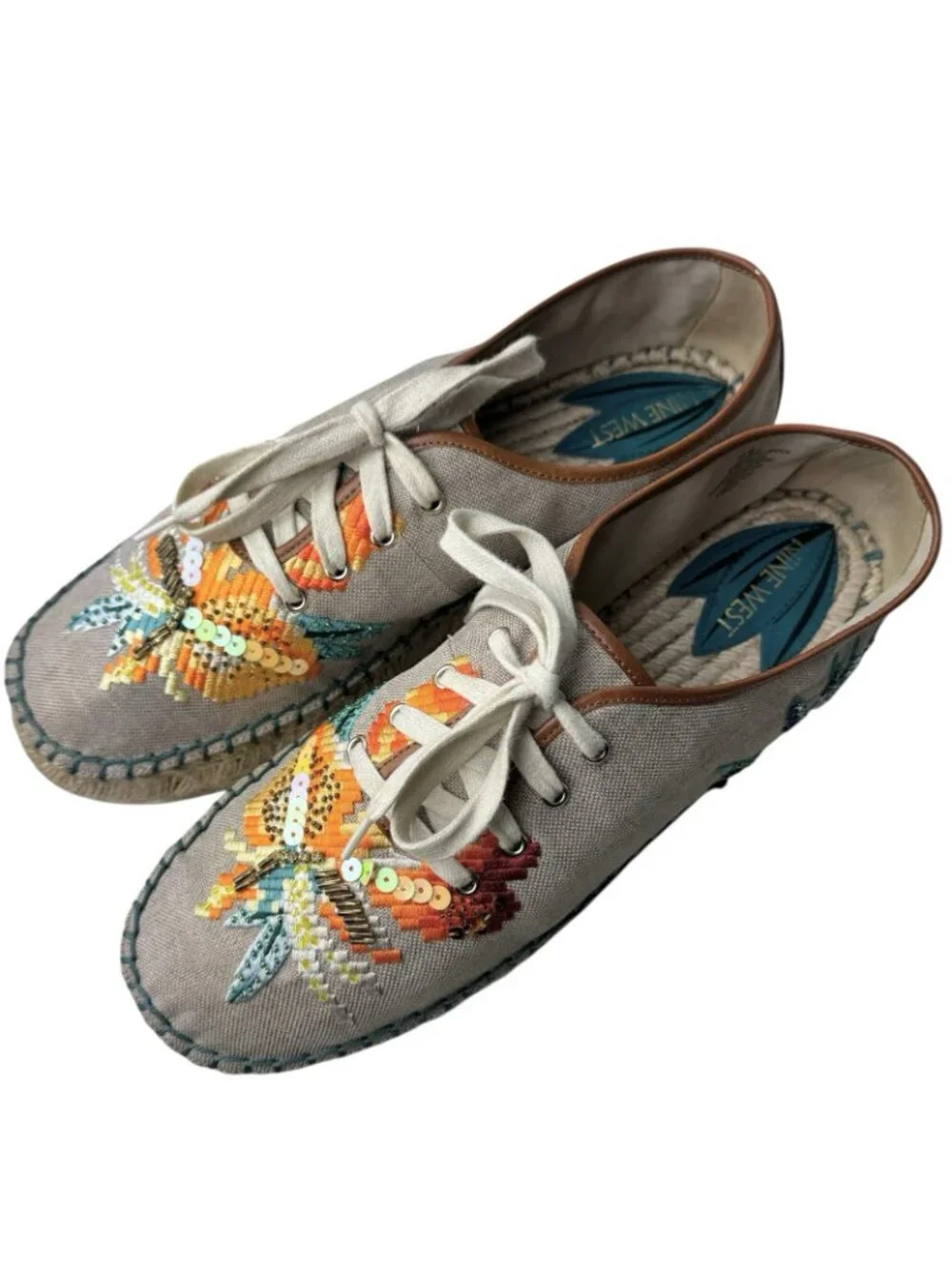 Nine West Guinup Linen Oxford Flat Espadrille Sneaker Tropical Sequins Women 10
